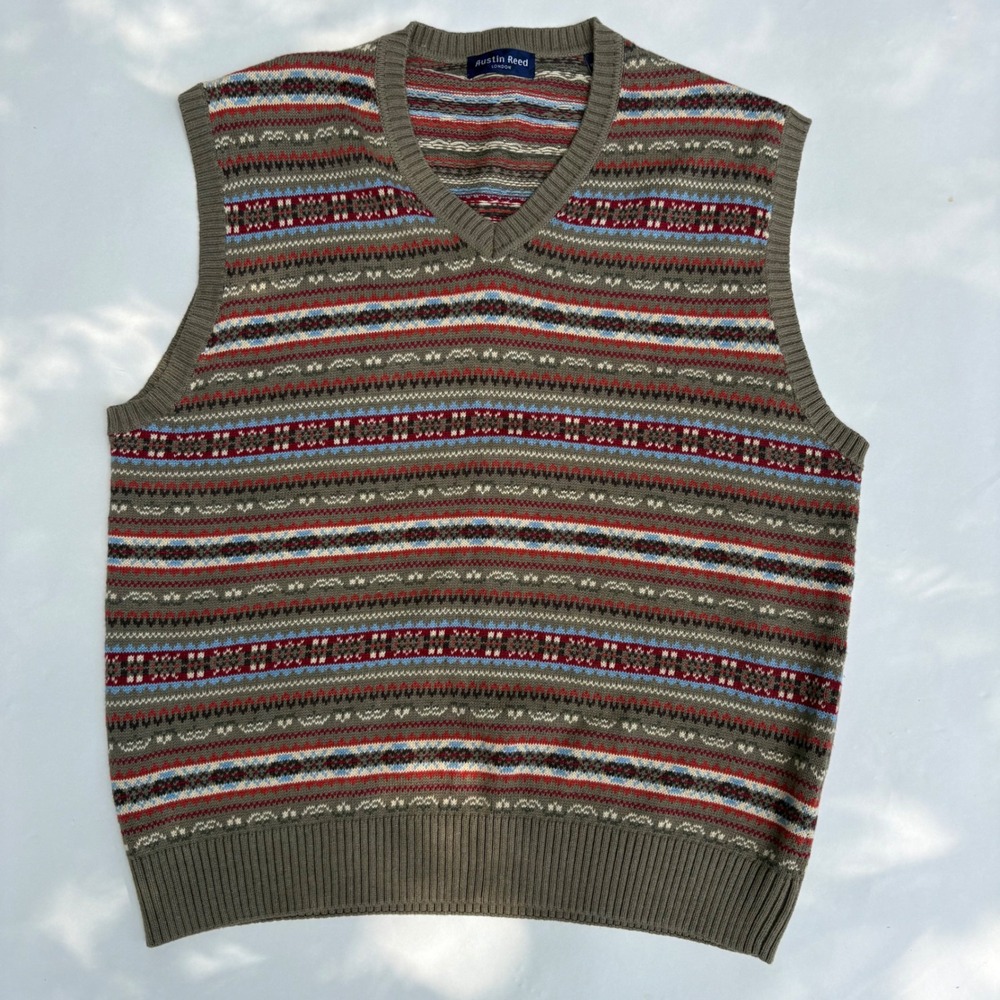 Austin Reed London Mens Large Fair Isle Sweater Vest Cotton Wool Olive Green Vtg
